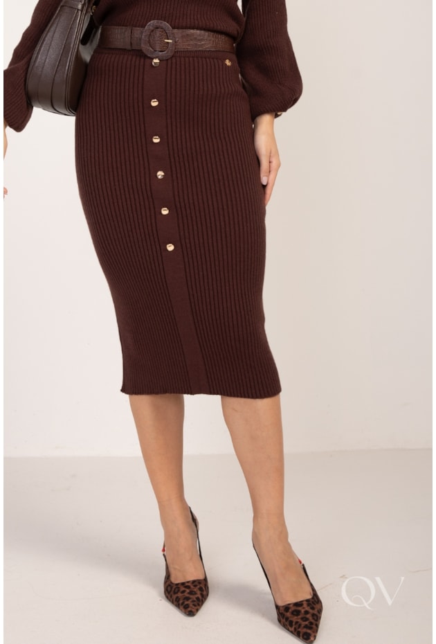 SAIA MIDI COM BOTÕES EM TRICOT MARROM - LEKAZIS
