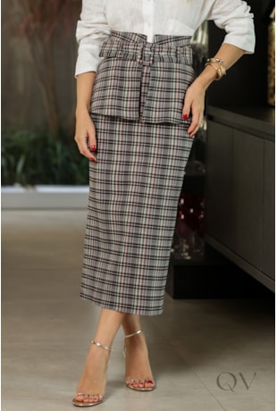SAIA MIDI COM CINTO EM TECIDO ESTRUTURADA XADREZ - DOCE MARIA