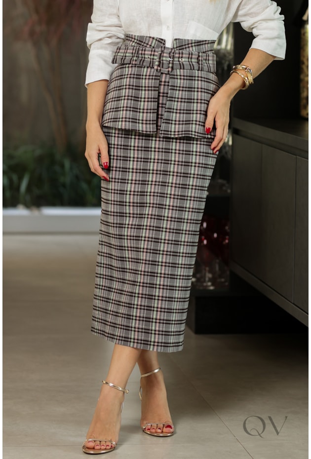 SAIA MIDI COM CINTO EM TECIDO ESTRUTURADA XADREZ - DOCE MARIA