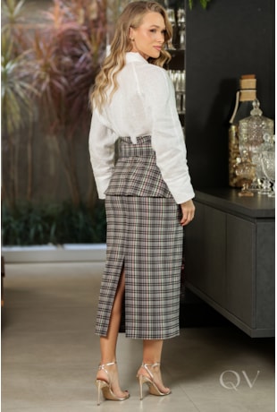 SAIA MIDI COM CINTO EM TECIDO ESTRUTURADA XADREZ - DOCE MARIA