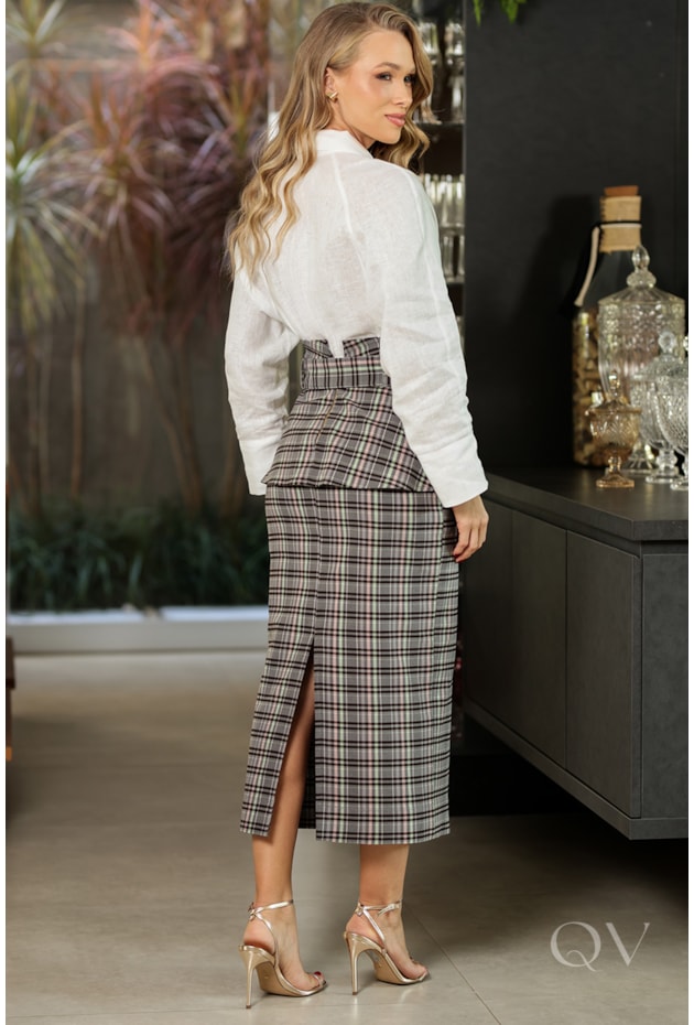 SAIA MIDI COM CINTO EM TECIDO ESTRUTURADA XADREZ - DOCE MARIA