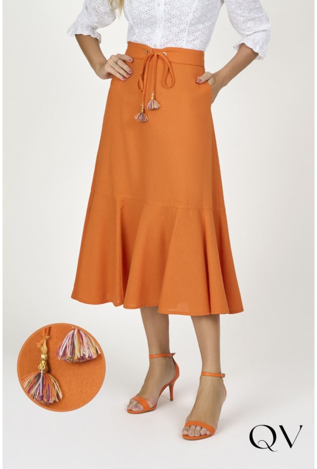 SAIA MIDI COM DETALHE DE AMARRAÇÃO NO CÓS LARANJA - VIA TOLENTINO SAIA MIDI COM DETALHE DE AMARRAÇÃO NO CÓS LARANJA - VIA TOLENTINO