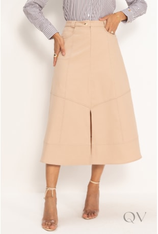 SAIA MIDI COM DETALHE DE RENDA EM SARJA NUDE PESPONTADA - LEKAZIS