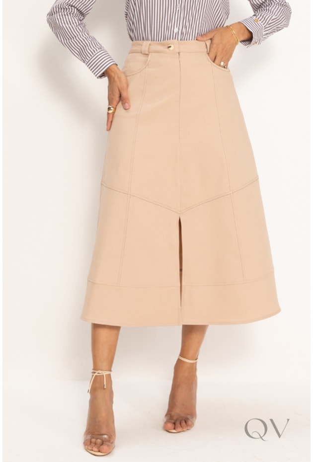 SAIA MIDI COM DETALHE DE RENDA EM SARJA NUDE PESPONTADA - LEKAZIS