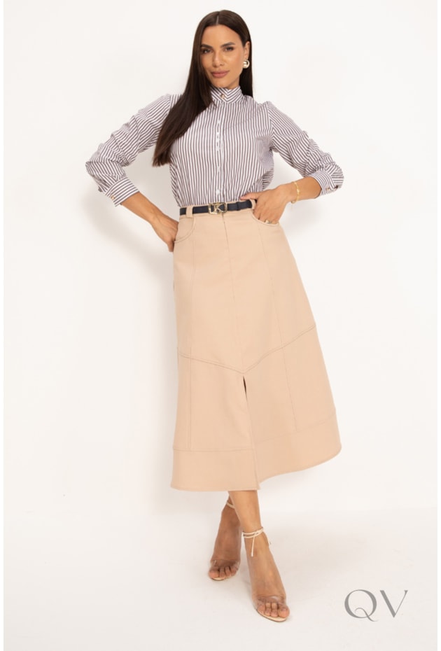 SAIA MIDI COM DETALHE DE RENDA EM SARJA NUDE PESPONTADA - LEKAZIS