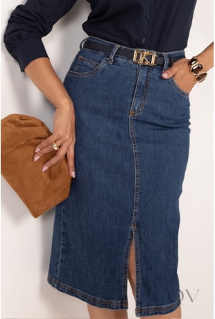 SAIA MIDI COM FENDA EM JEANS AZUL ESCURO - LEKAZIS