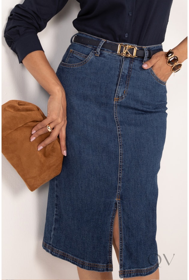 SAIA MIDI COM FENDA EM JEANS AZUL ESCURO - LEKAZIS