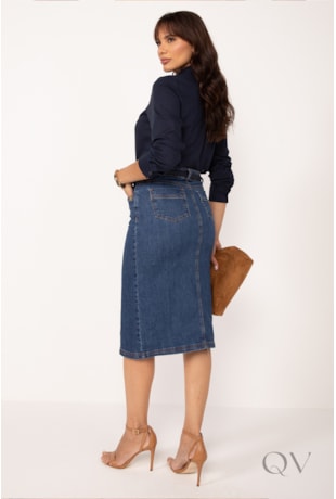 SAIA MIDI COM FENDA EM JEANS AZUL ESCURO - LEKAZIS