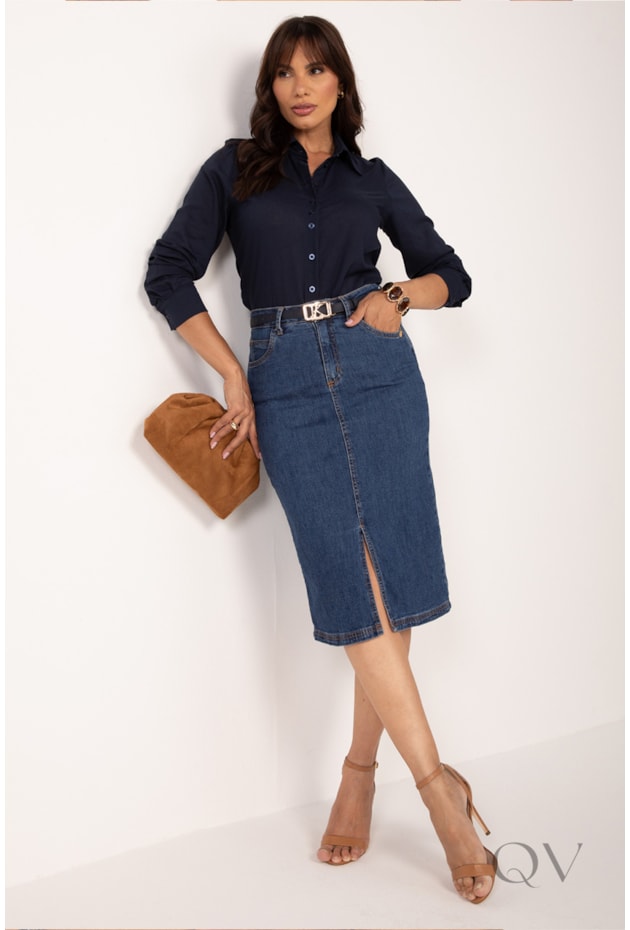 SAIA MIDI COM FENDA EM JEANS AZUL ESCURO - LEKAZIS