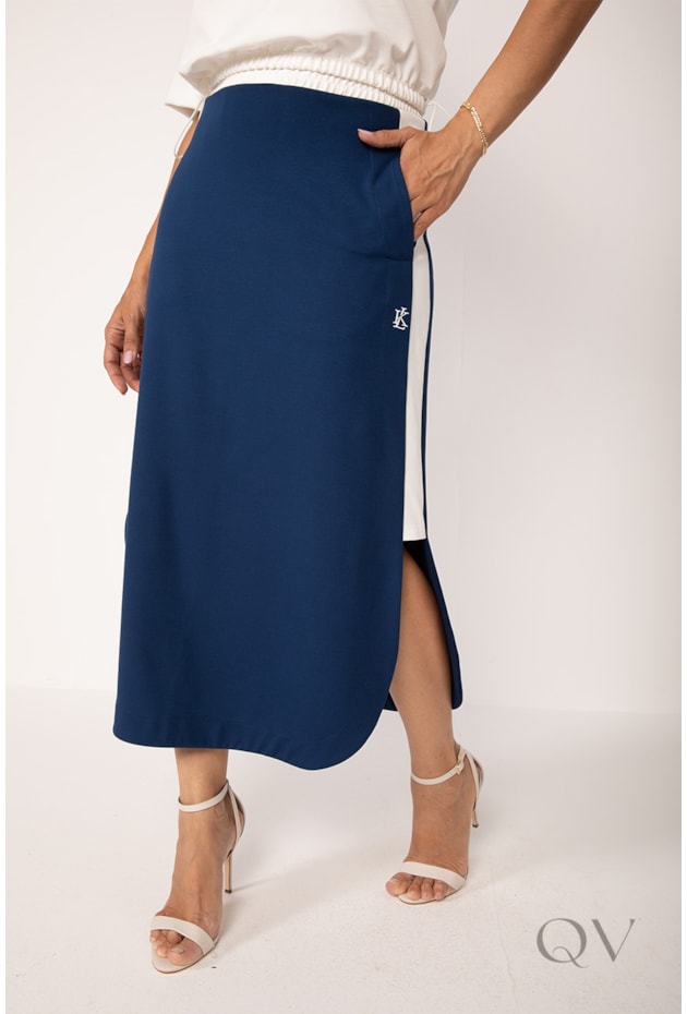 SAIA MIDI COM FENDA EM MALHA PONTO ROMA OFF E MARINHO - LEKAZIS