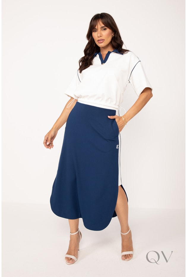 SAIA MIDI COM FENDA EM MALHA PONTO ROMA OFF E MARINHO - LEKAZIS