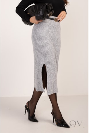 SAIA MIDI COM FENDA EM TRICOT CINZA - LEKAZIS