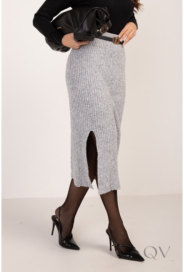 SAIA MIDI COM FENDA EM TRICOT CINZA - LEKAZIS