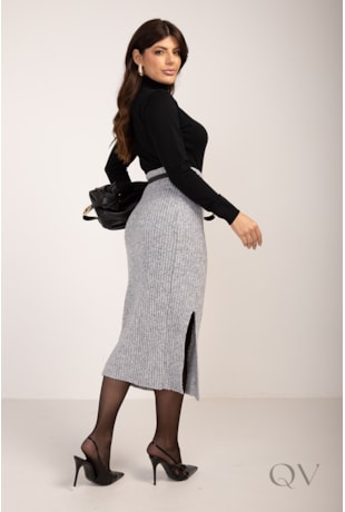 SAIA MIDI COM FENDA EM TRICOT CINZA - LEKAZIS