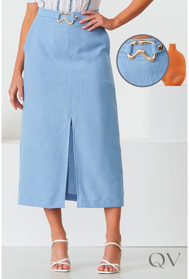 SAIA MIDI COM FENDA FRONTAL AZUL - CORA CANELA SAIA MIDI COM FENDA FRONTAL AZUL - CORA CANELA