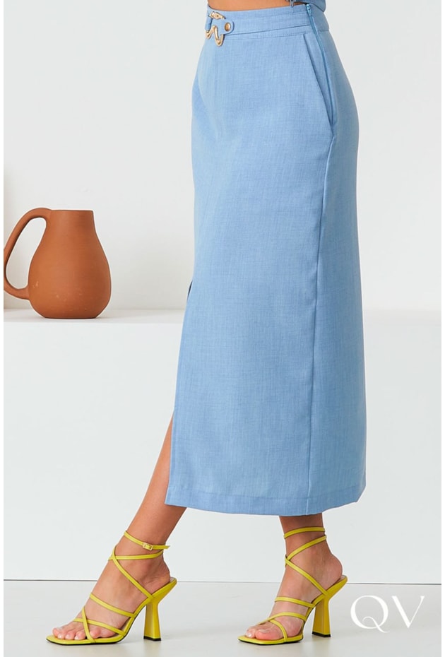 SAIA MIDI COM FENDA FRONTAL AZUL - CORA CANELA SAIA MIDI COM FENDA FRONTAL AZUL - CORA CANELA