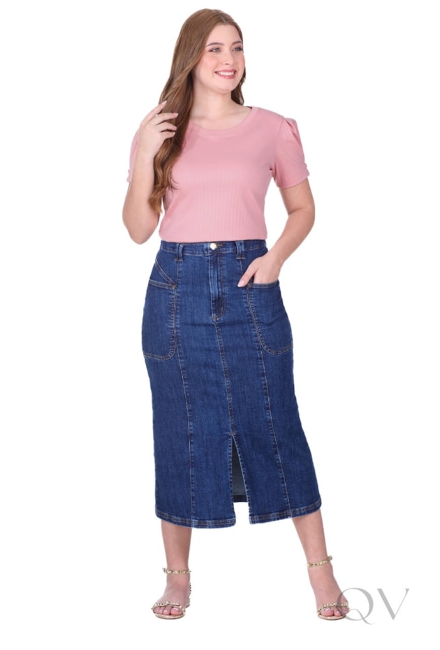 SAIA MIDI COM FENDA FRONTAL EM JEANS AZUL ESCURO - HAPUK