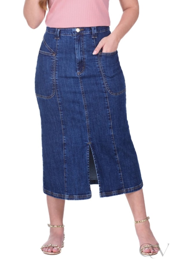 SAIA MIDI COM FENDA FRONTAL EM JEANS AZUL ESCURO - HAPUK