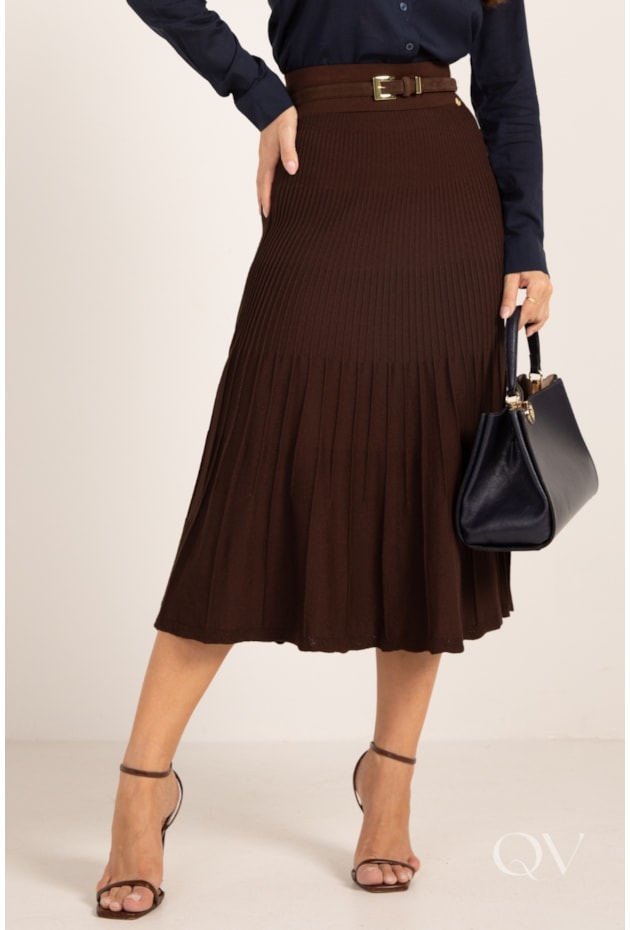 SAIA MIDI COM NERVURAS EM TRICOT MARROM - LEKAZIS