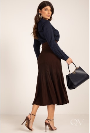 SAIA MIDI COM NERVURAS EM TRICOT MARROM - LEKAZIS