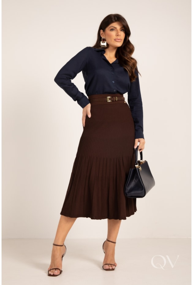 SAIA MIDI COM NERVURAS EM TRICOT MARROM - LEKAZIS