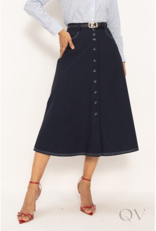 SAIA MIDI COM PESPONTOS CONTRASTANTES EM SARJA AZUL MARINHO - LEKAZIS SAIA MIDI COM PESPONTOS CONTRASTANTES EM SARJA AZUL MARINHO - LEKAZIS