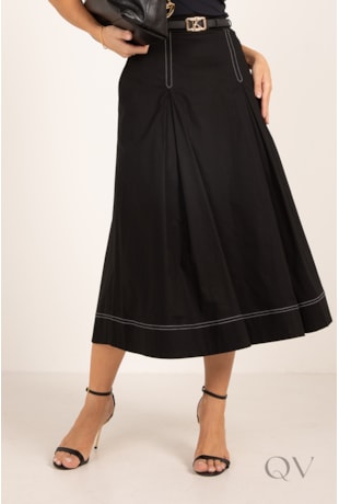 SAIA MIDI COM PREGAS E PESPONTO EM TRICOLINE PRETO - LEKAZIS