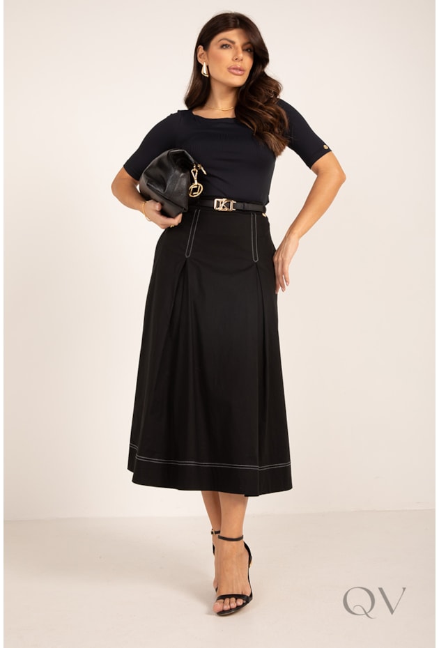SAIA MIDI COM PREGAS E PESPONTO EM TRICOLINE PRETO - LEKAZIS