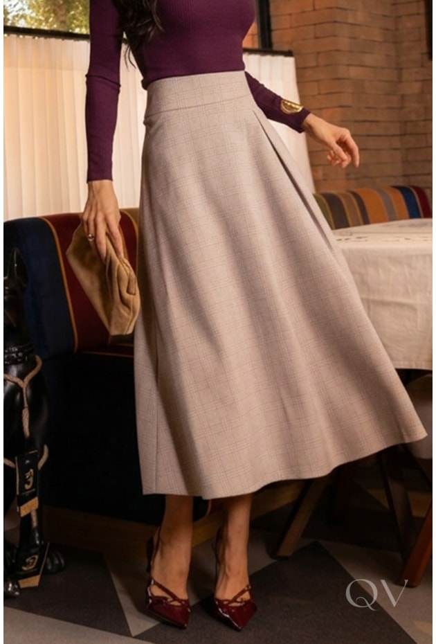 SAIA MIDI COM PREGAS EM ALFAIATARIA XADREZ - LUZIA FAZZOLLI