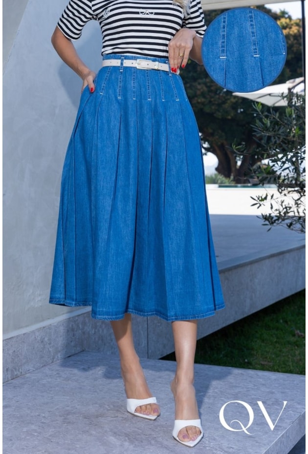 SAIA MIDI COM PREGAS EM JEANS AZUL - LUZIA FAZZOLLI