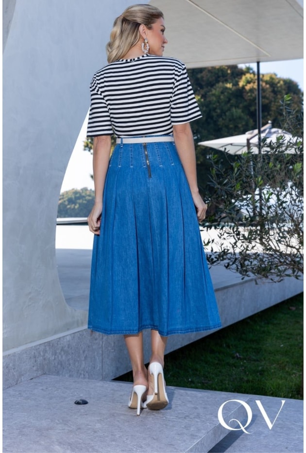 SAIA MIDI COM PREGAS EM JEANS AZUL - LUZIA FAZZOLLI