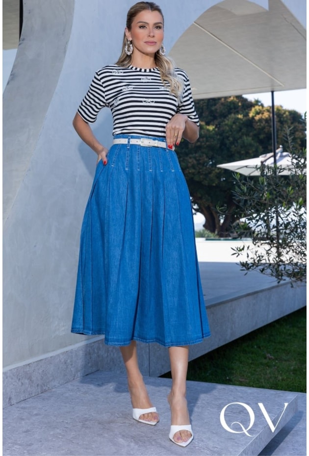 SAIA MIDI COM PREGAS EM JEANS AZUL - LUZIA FAZZOLLI