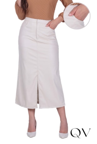 SAIA MIDI EM ASPECTO DE COURO BEGE - HAPUK