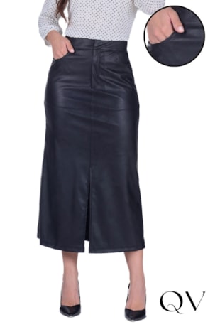 SAIA MIDI EM ASPECTO DE COURO PRETO - HAPUK