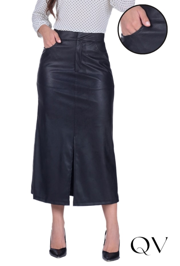 SAIA MIDI EM ASPECTO DE COURO PRETO - HAPUK