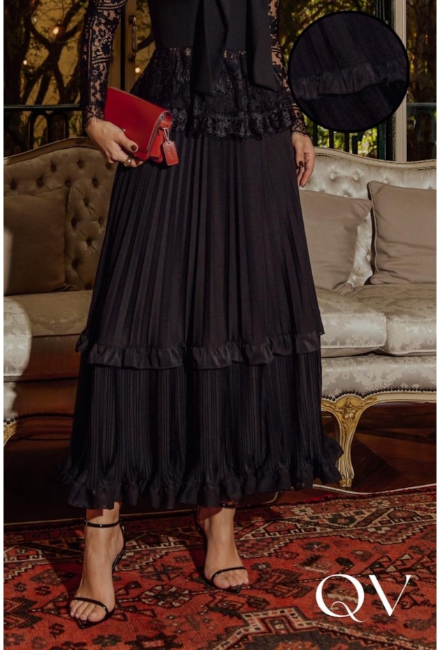 SAIA MIDI EM CHIFFON GODÊ PRETO - LUZIA FAZZOLLI