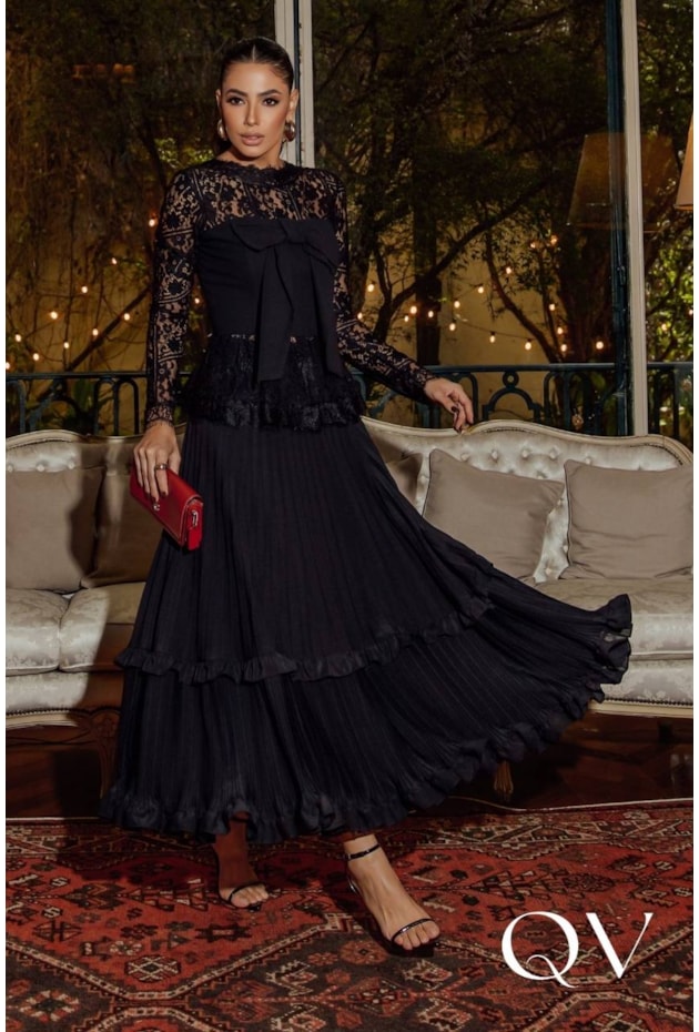 Saia Midi em Chiffon Godê Preto Luzia Fazzolli QVestido Moda