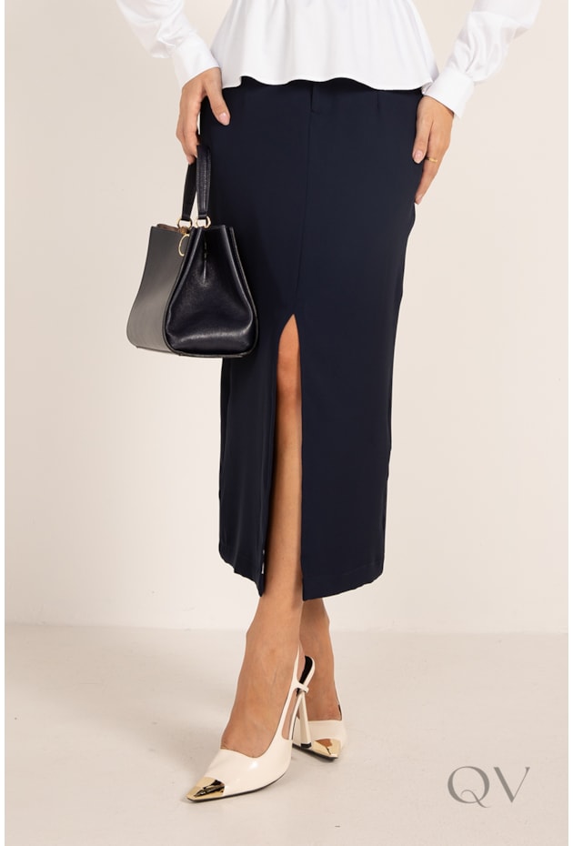 SAIA MIDI EM CREPE DE ALFAIATARIA MARINHO - LEKAZIS