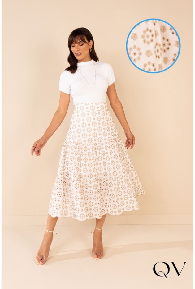Saia Midi Em Laise Bordado Off White Lekazis Moda Executiva