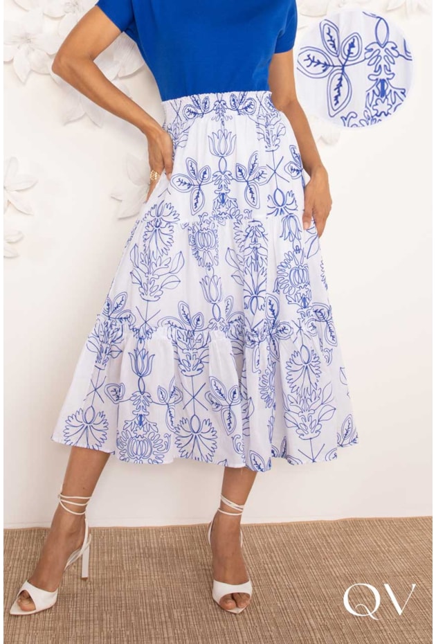 SAIA MIDI EM LAISE COM BORDADO BRANCO - LEKAZIS