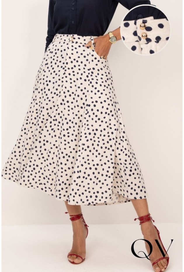 SAIA MIDI EM LINHO COM POÁS MARINHO - LEKAZIS