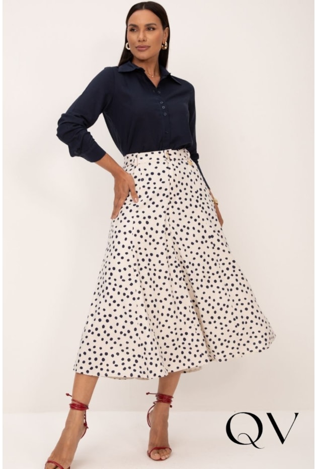 SAIA MIDI EM LINHO COM POÁS MARINHO - LEKAZIS