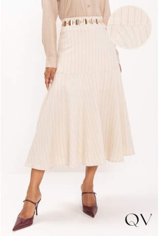 SAIA MIDI EM LINHO RISCA DE GIZ CRU - LEKAZIS