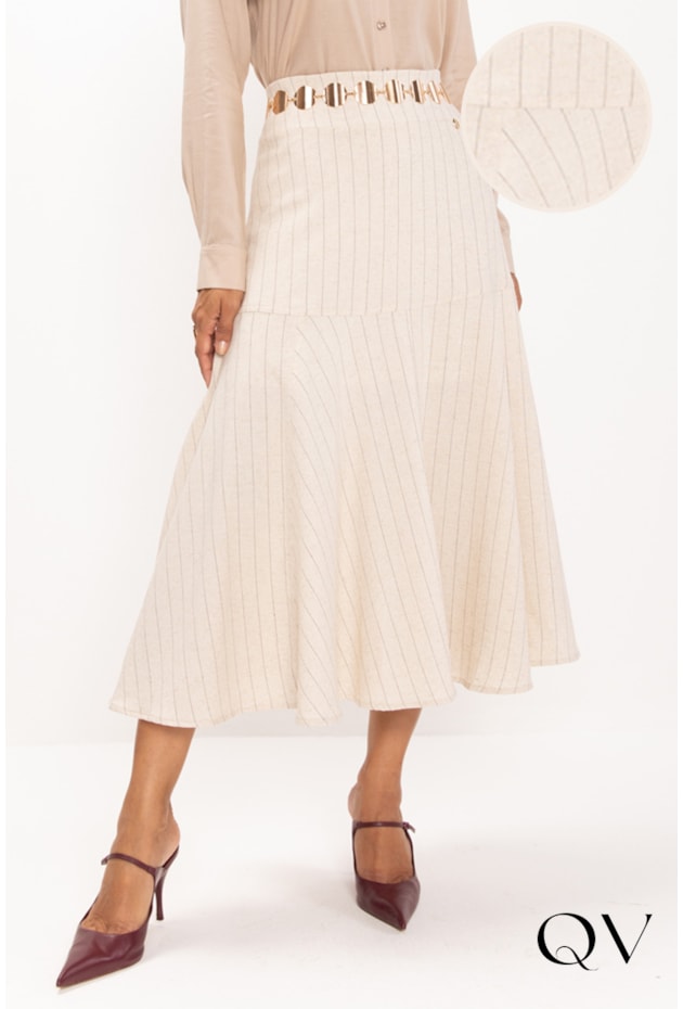 SAIA MIDI EM LINHO RISCA DE GIZ CRU - LEKAZIS