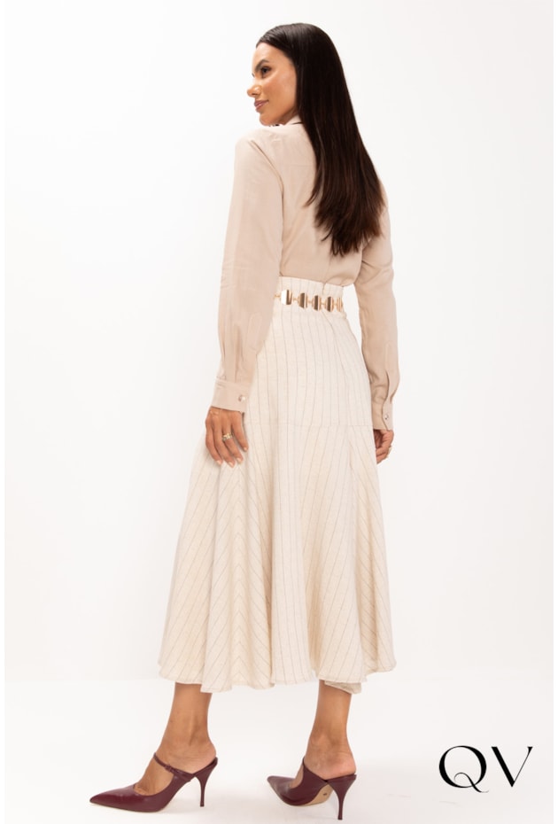 SAIA MIDI EM LINHO RISCA DE GIZ CRU - LEKAZIS