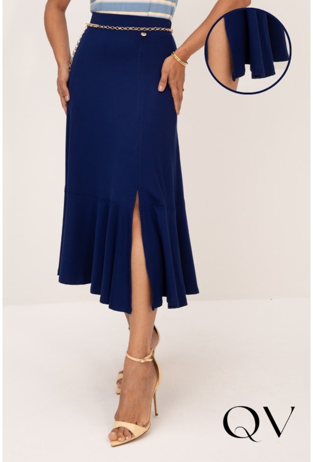 SAIA MIDI EM MALHA COM RECORTES E FENDA AZUL - LEKAZIS