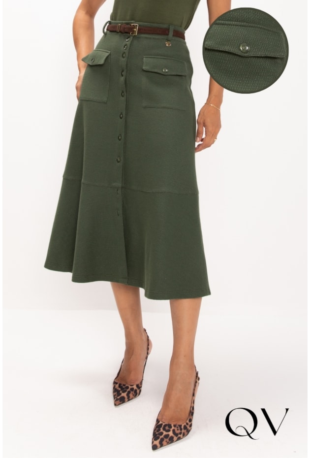 SAIA MIDI EM MALHA TRICOT VERDE MILITAR - LEKAZIS