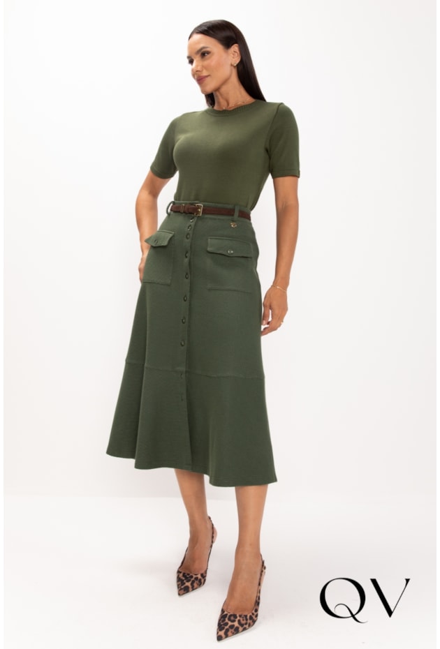 SAIA MIDI EM MALHA TRICOT VERDE MILITAR - LEKAZIS SAIA MIDI EM MALHA TRICOT VERDE MILITAR - LEKAZIS