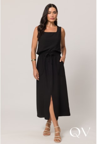 SAIA MIDI EM PLANO VISCOFLOW PRETO - DOCE TRAMA