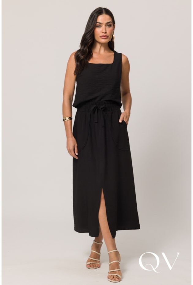 SAIA MIDI EM PLANO VISCOFLOW PRETO - DOCE TRAMA
